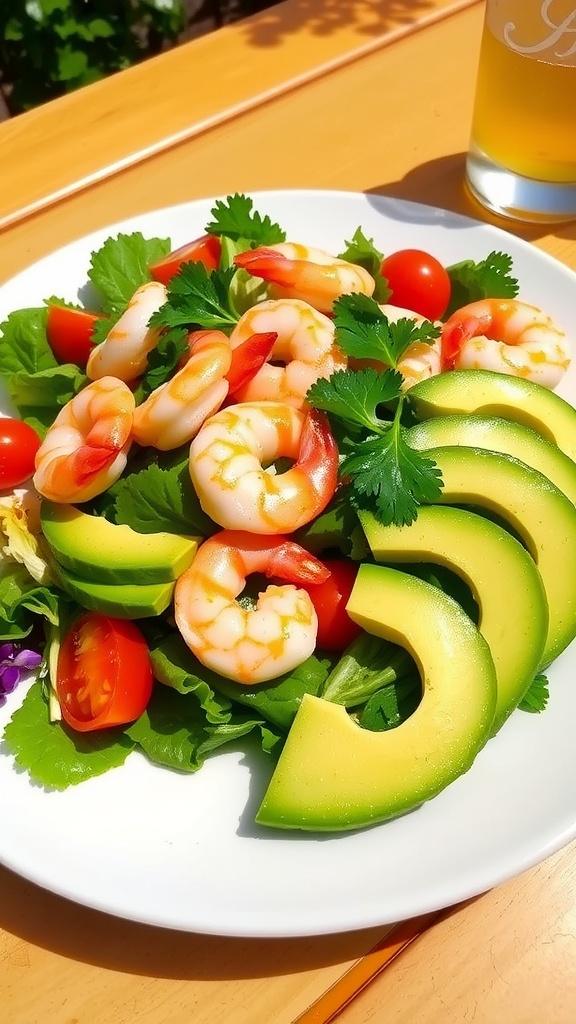 A colorful shrimp and avocado salad with greens, tomatoes, and lime dressing on a patio table.